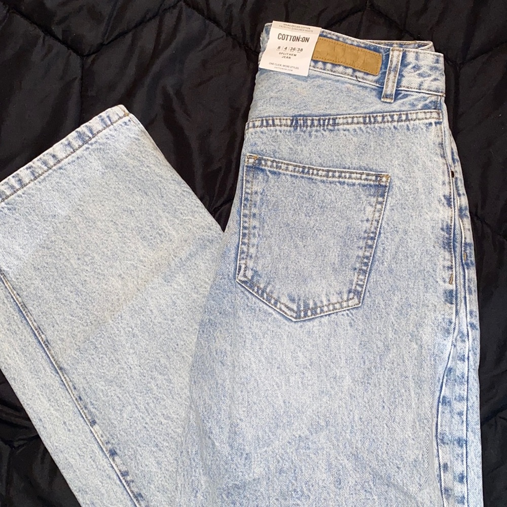 Cotton on split hem jeans, acid wash, small distressing by knee